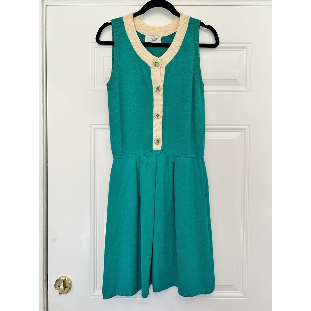 St John Santana Knit Sleeveless Green Dress Button Front luxury‎ summer work 6